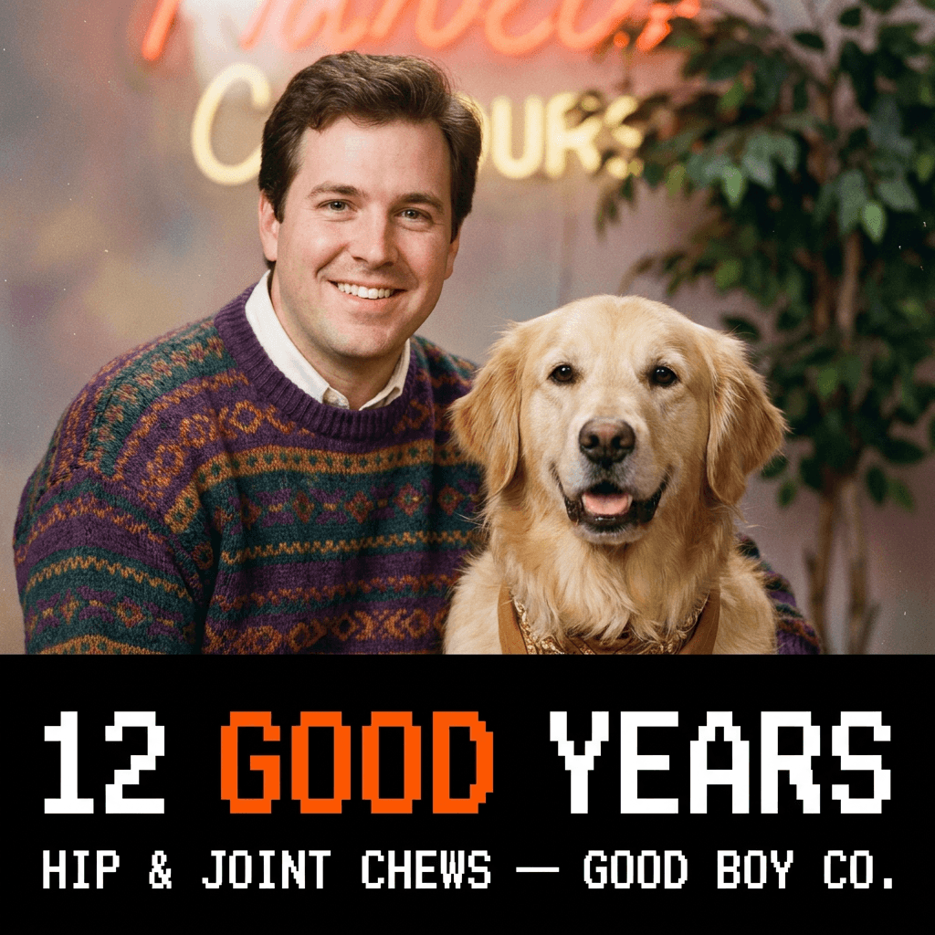 Retro-style hip and joint chews ad for a sample pet brand