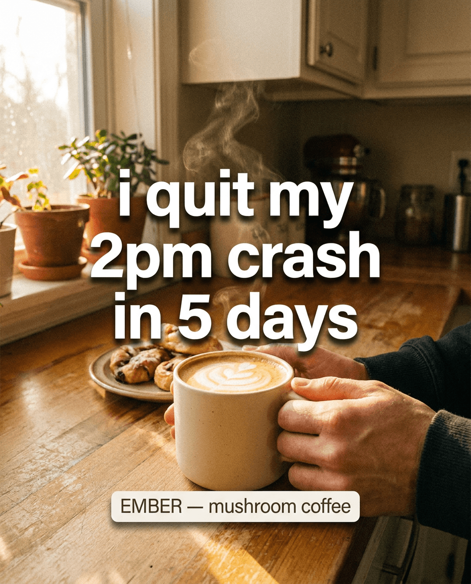 UGC-style mushroom coffee ad for a sample beverage brand